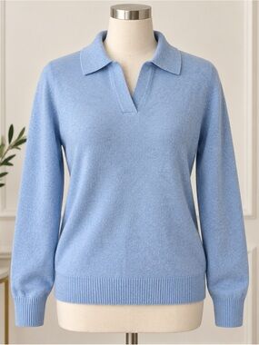 The Commons 100% Cashmere Johnny Collar Polo Sweater Seafoam Blue L NWT